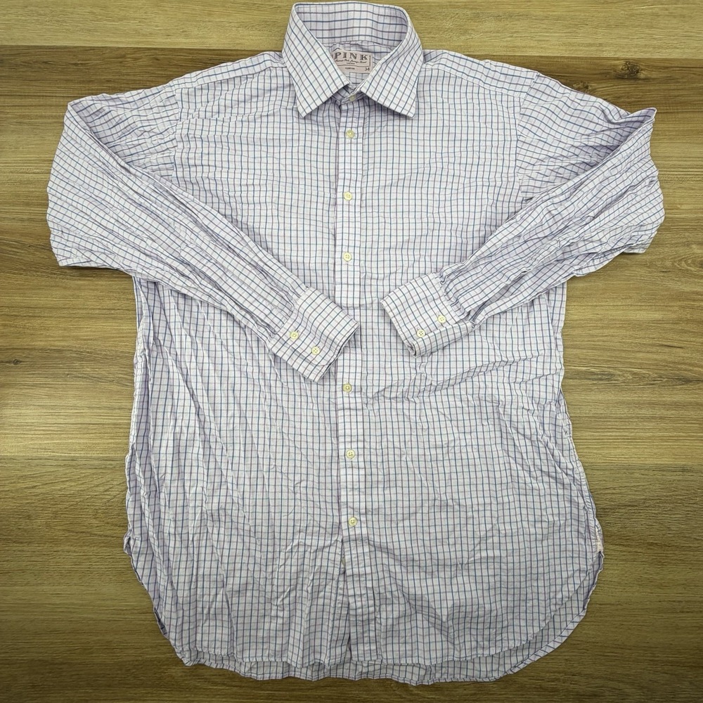 PINK Thomas Pink Shirt Men 17 34 Pink Blue Check Button Up